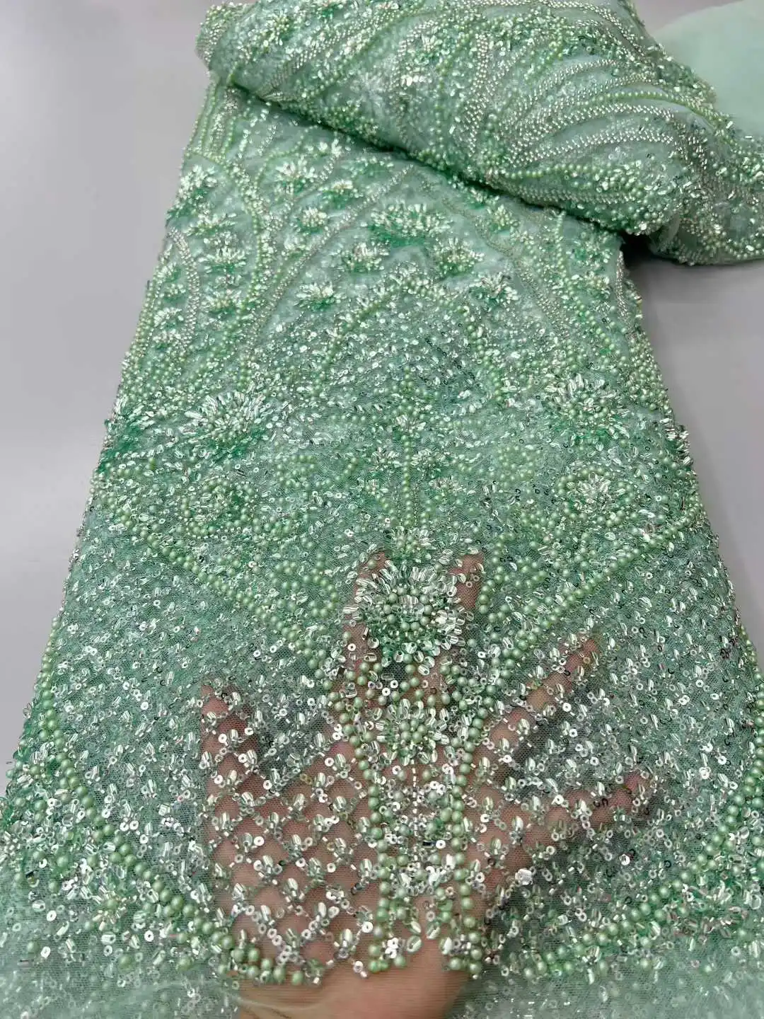 Роскошная африканская кружевная ткань, белый тюль, кружевная ткань, 2025 5 ярдов, тяжелый тюль с блестками и бисером, кружево для вечерние свадебных платьев A1697