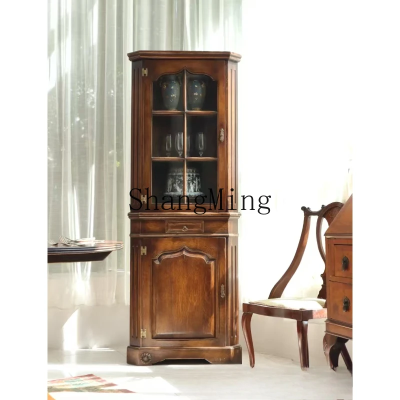 

SM retro solid wood corner cabinet storage glass door restaurant corner wall cabinet dust display wine cabinet