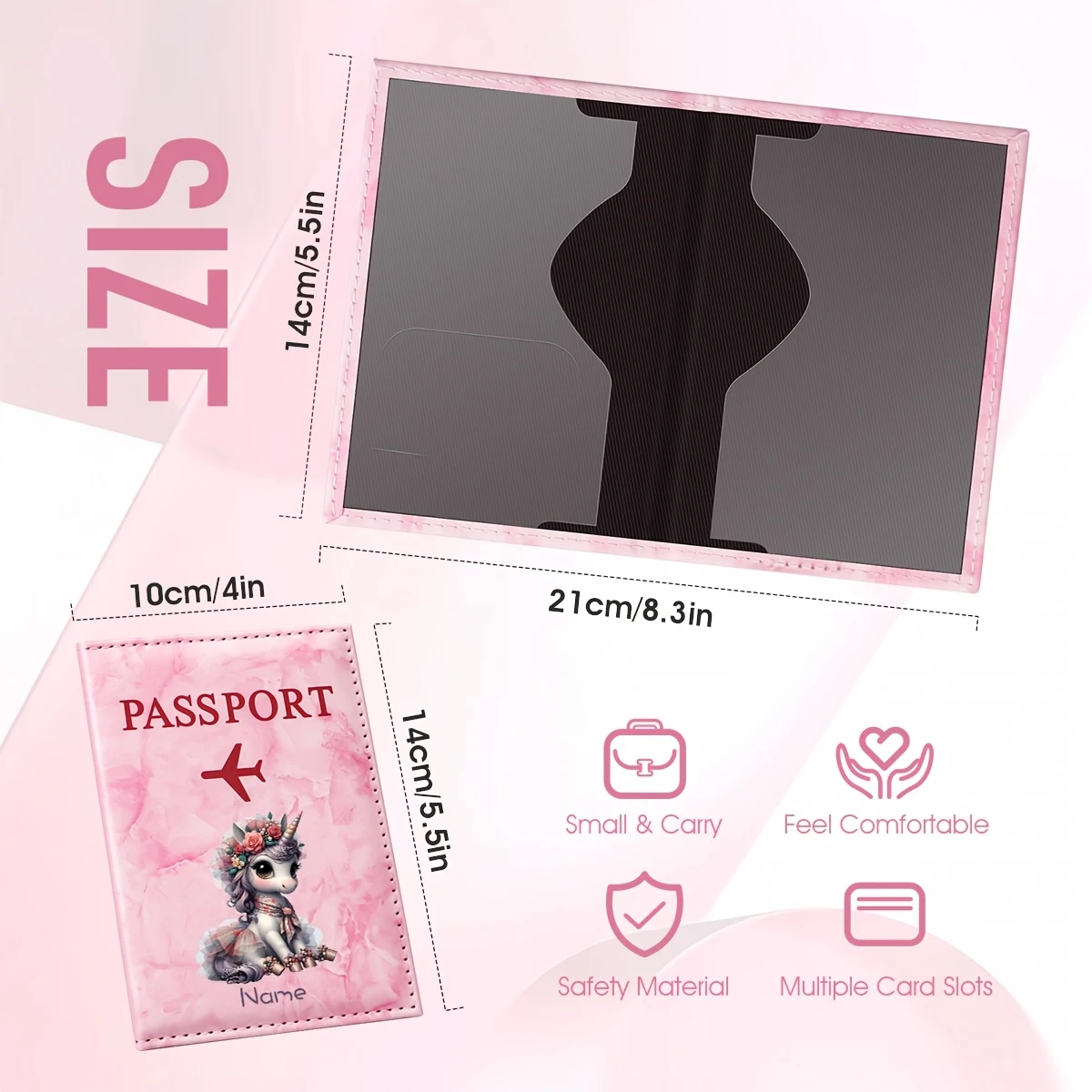 Custom Personalized Name Design Fantasy Unicorn Illustration Passport Holder, Featuring a Seated Unicorn Wearing a Floral Crown