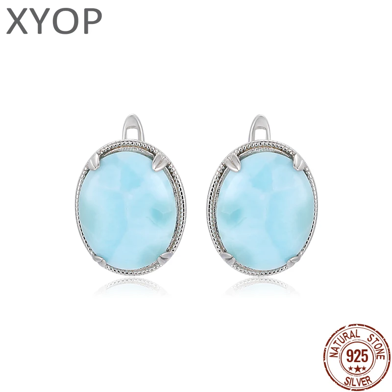 2021 Simple Fashion Geometric Round Charm 925 Sterling Silver Jewelry Gift Classic Natural Precious Larimar Earrings for Women