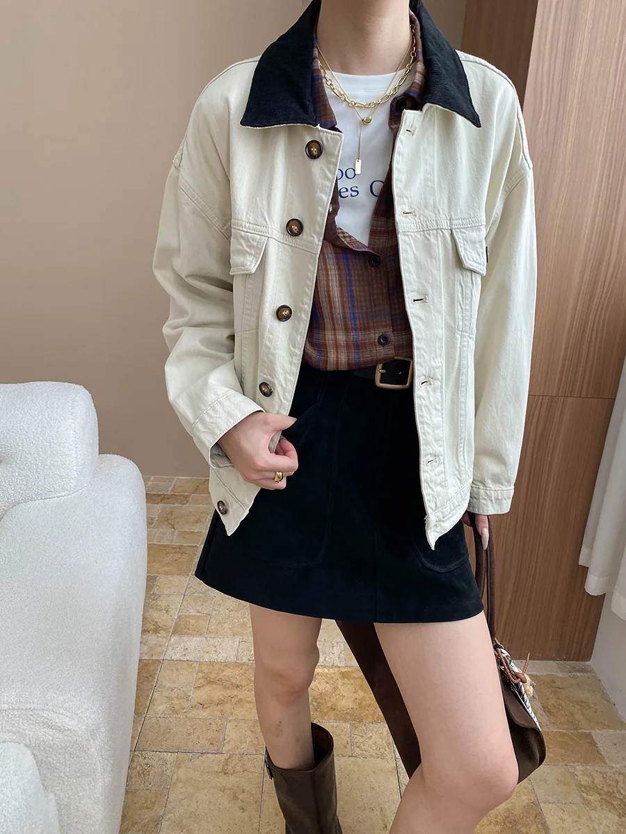 

Retro corduroy contrasting collar design, loose denim jacket