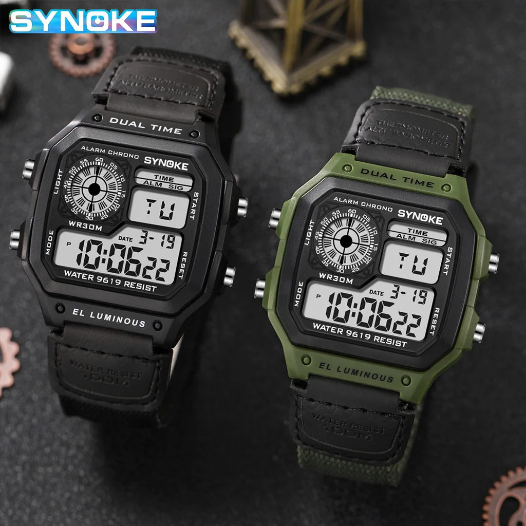 Synoke Outdoor Military Digital Watch For Men Fashion Retro Nylon Canvas Strap Sports Waterproof Watch Multifunctional Luminous