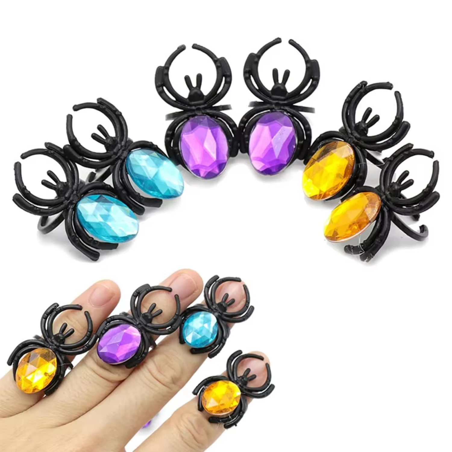 Colored gemstone spider ring ring Halloween  props plastic open children's insect spider ring