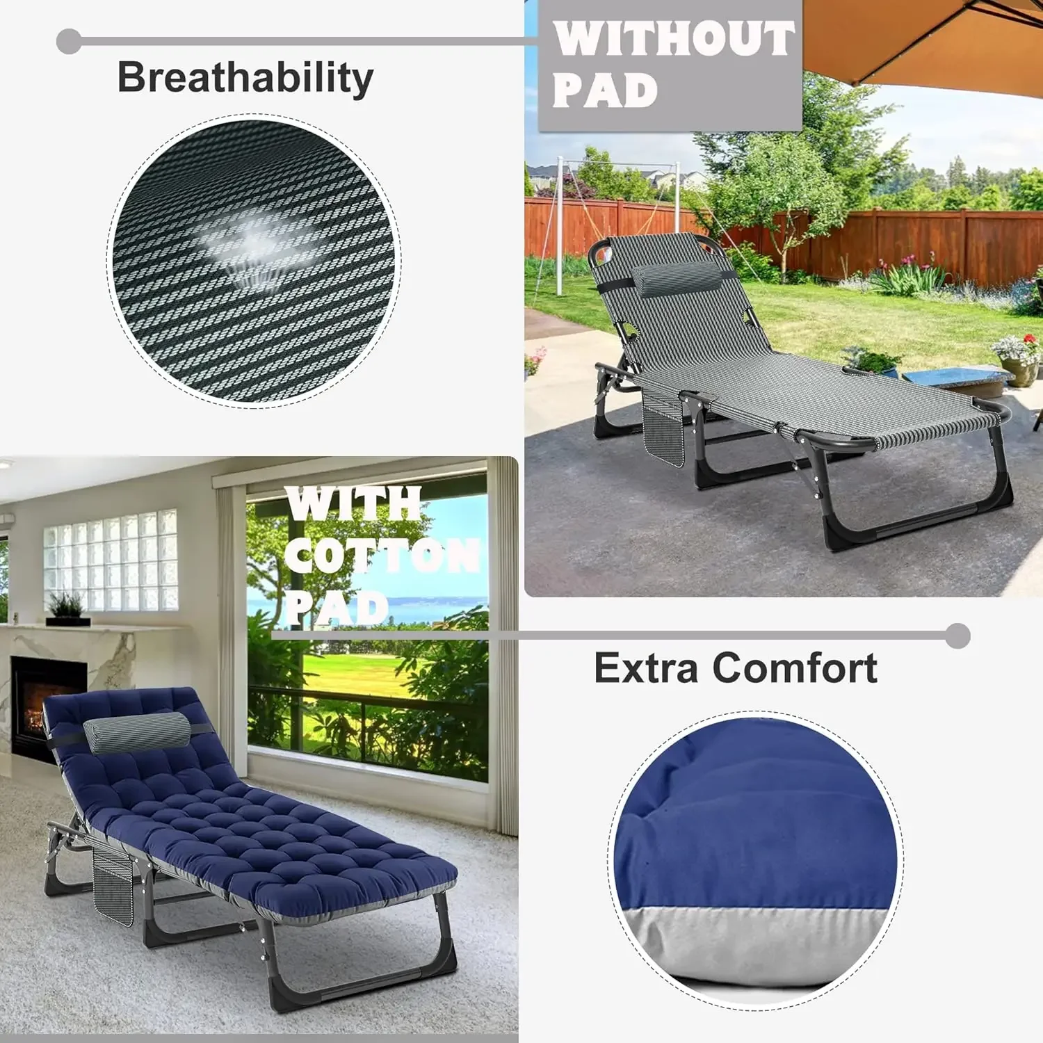 

Portable Beach Lounge Chair , 2PK Heavy Duty Tanning Chair, 5-Gear Outdoor Folding Chaise Lounge Chair with Cushion