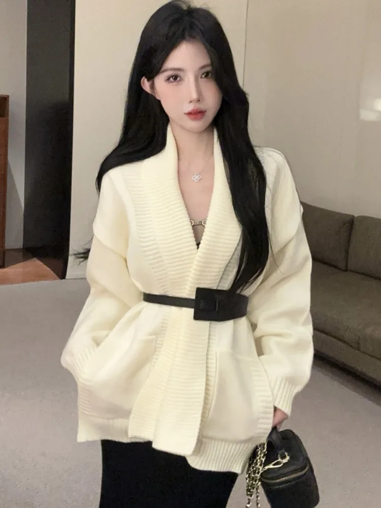 

Korean Style Lazy Fashion Knitted Open Cardigan Women's Autumn Winter New Waist-Cinching Pocket Detail Collared Outerwear