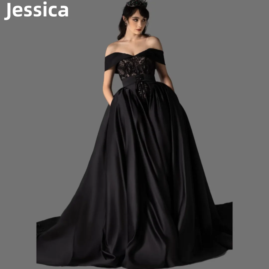 Jessica Black Embroidery Prom Dresses Detachable Poncho In Luxurious Satin Wedding Dress 2024Vestidos De Fiesta Party Dresses