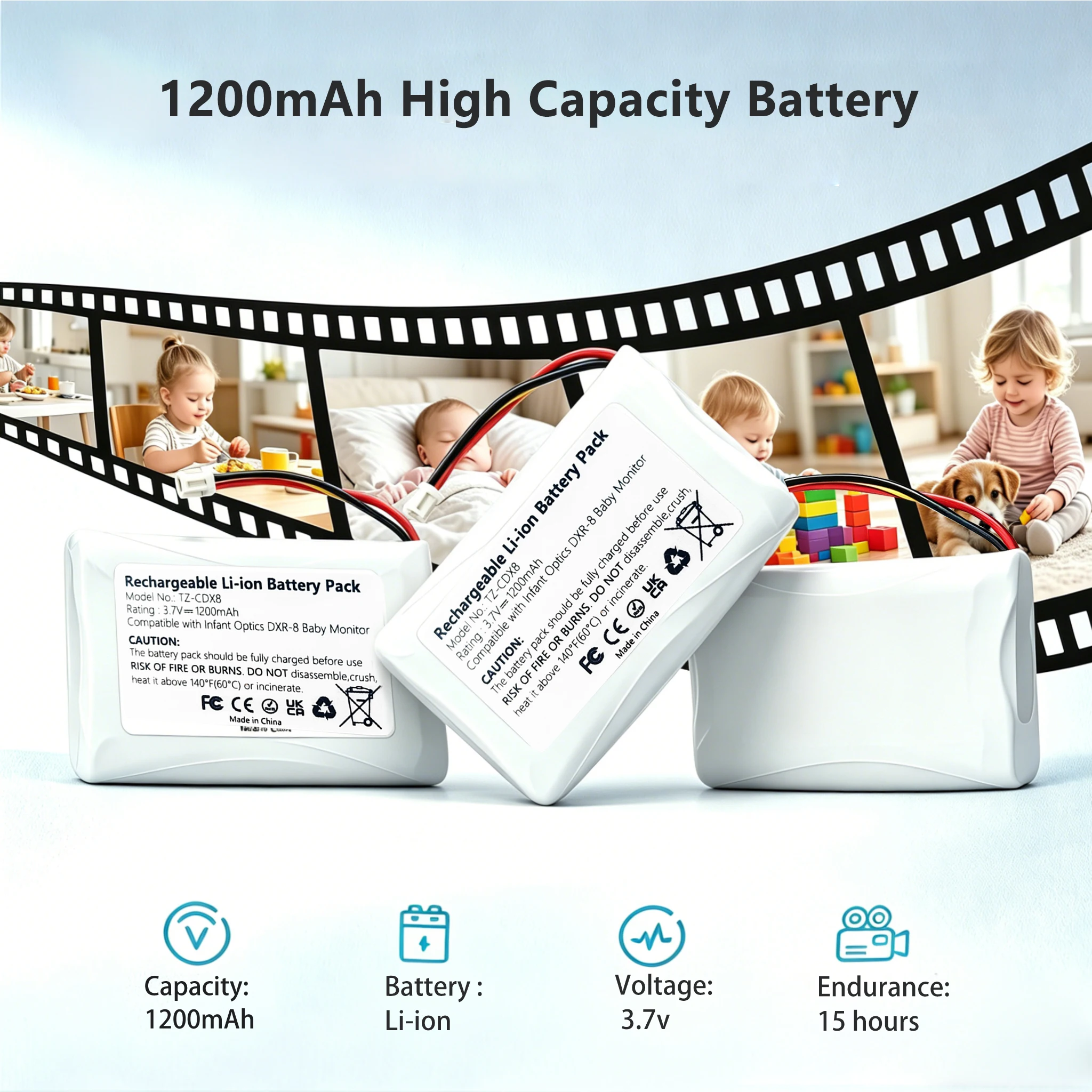 3.7V 1200mAh Replacement Li-ion Battery Compatible with Infant Optics DXR-8 Video Baby Monitor (only for DXR-8, NOT for PRO)