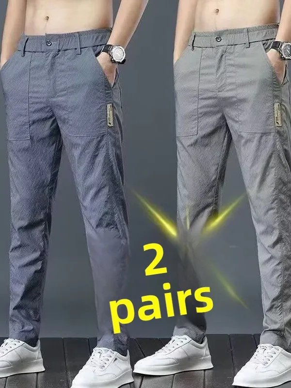 Men's Ice Silk Ultra-Thin Casual Pants Straight Leg Loose Fit Quick Dry Summer Lightweight Fashionable Versatile Long Trousers