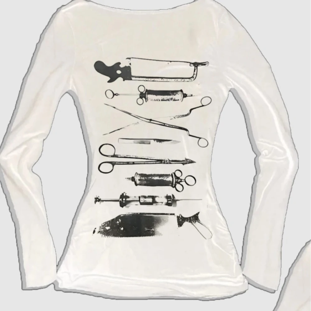 

Women's Dark Edgy Long Sleeve Top - Vintage Medical Tools Graphic Print Slim Fit T-Shirt, Gothic Punk Streetwear Spring Autumn