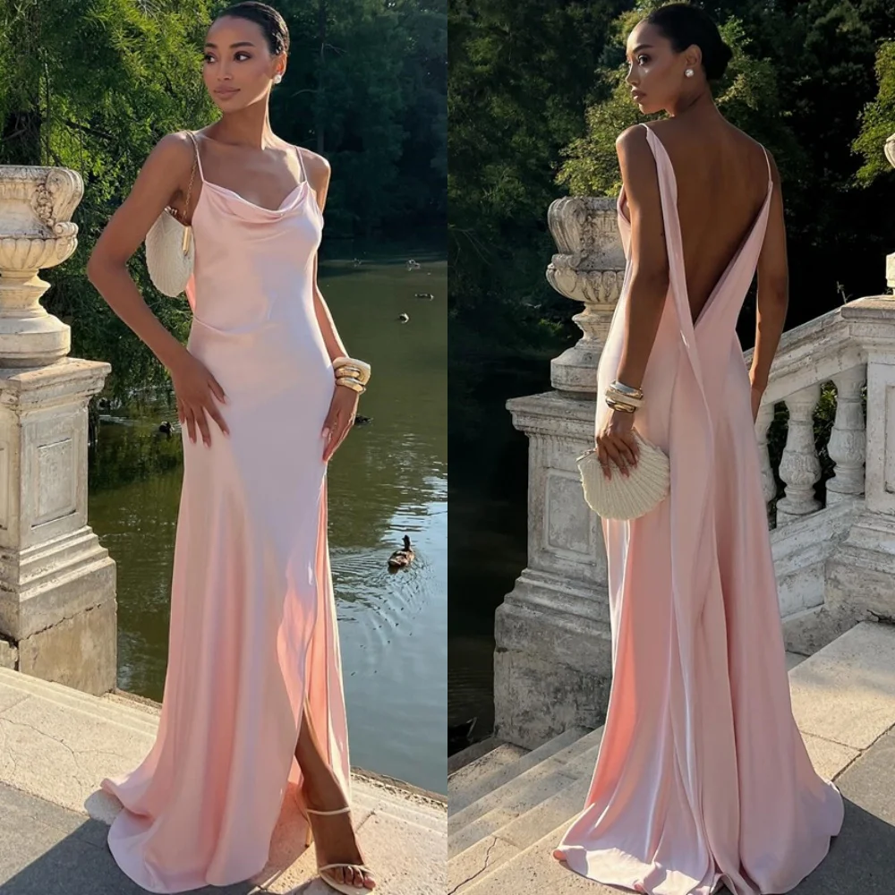 

Customized Luxury Pink Satin Evening Dress Exquisite Sleeveless Homecoming Dresses Fashion Backless Open Back Party Gowns