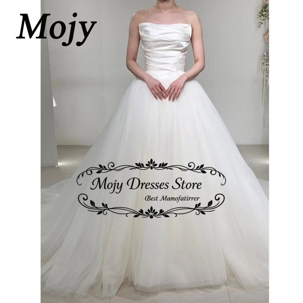 Vestido de Novia Sencillo y Elegante de Tul sin Tirantes Estilo A-Line de Moji Korea, Vestido de Novia con Corsé Fruncido Color Marfil Personalizado para Novias Preciosas