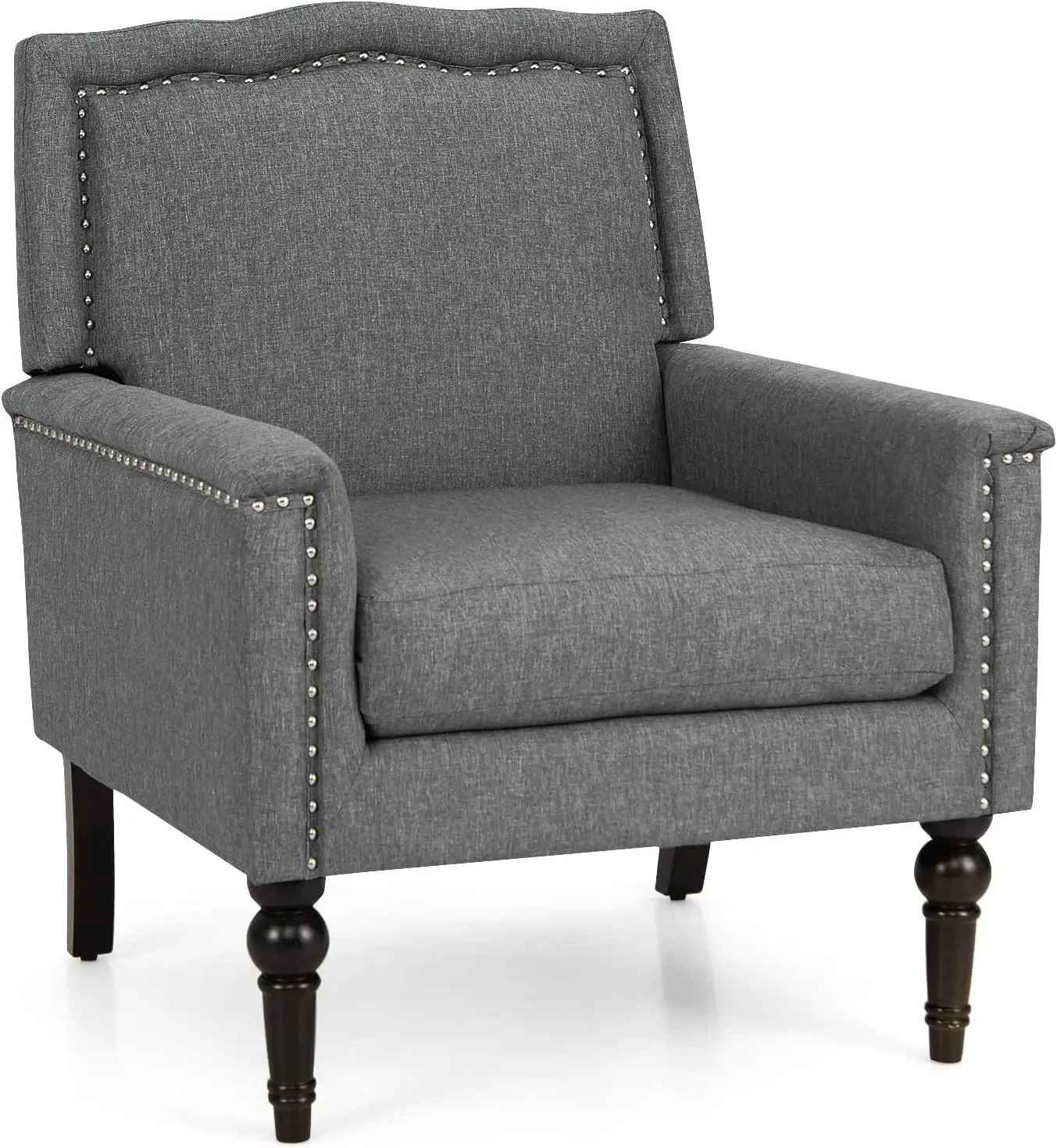 

Mid-Century Modern Accent Chair Grey, Linen Fabric Upholstered Armchair w/Rubber Wood Legs, Nailhead Trim, Max Load 440