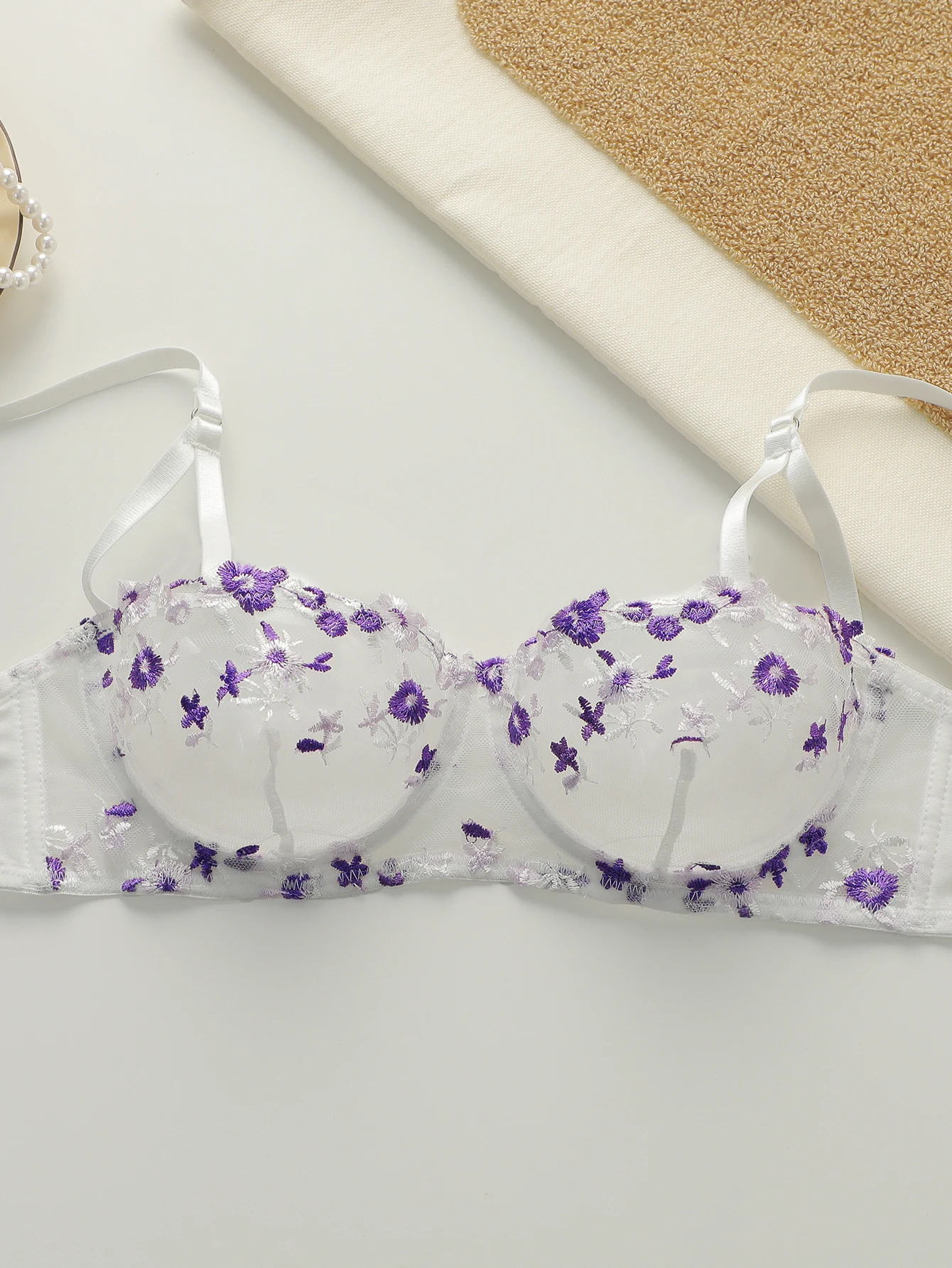 Krásná podprsenka s květinovou výšivkou, průhledné sexy spodní prádlo s nastavitelnými ramínky MR2956 - náhled 2