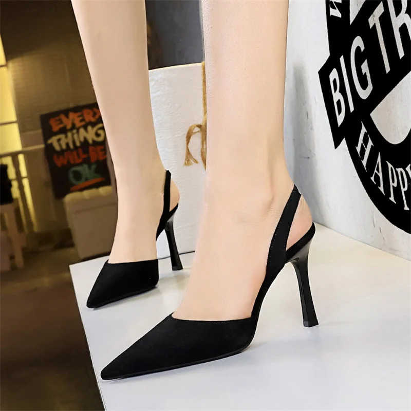 Women Fashion Simple Pointed Toe High-heeled Summer Sandals Party  Black Shallow Mouth Hollow Back Strap Office Slingback Shoes