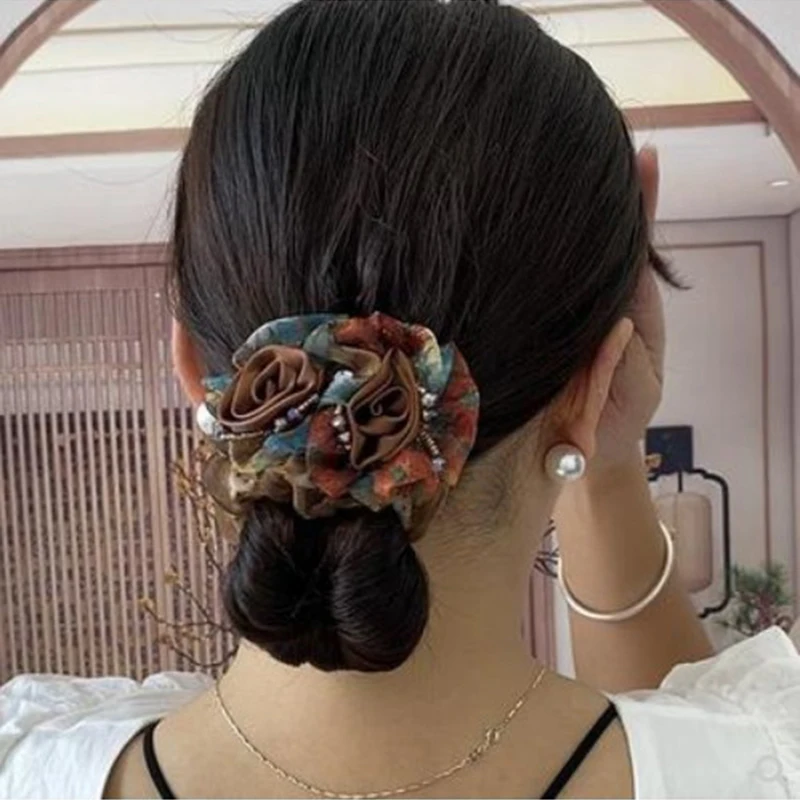 Banda de goma con flores para el cabello para mujer, coleta Simple, moño Updo, cuerda para el cabello, malla grande, accesorios para el cabello