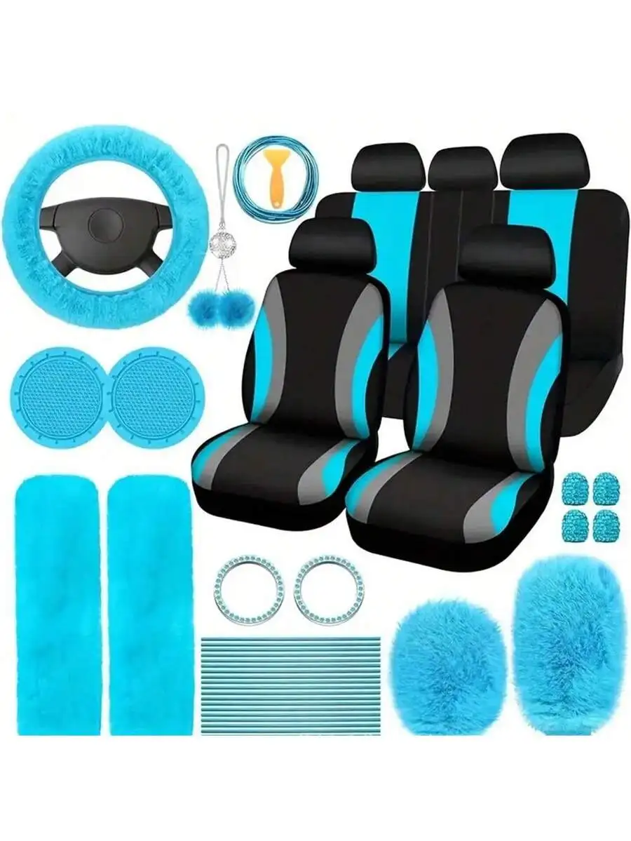 

43-Piece Car Interior Accessories Set With Plush Steering Wheel Cover Seat Covers Cup Coasters And More