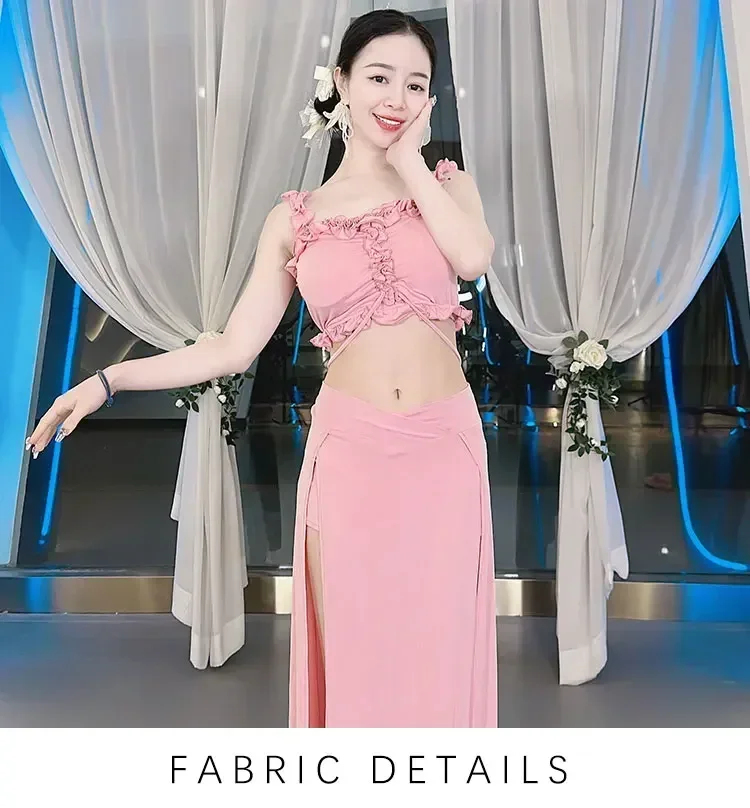 

Тренировочный костюм для танца живота для девочек с кружевным топом на подтяжках и длинной юбкой с разрезом, комплект из 2 предметов из хлопка, костюм для восточного танца живота