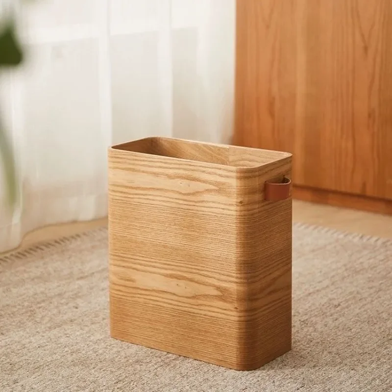 Light luxury and minimalist natural wood, vintage leather buckle, garbage bin, paper basket, home bedroom, living room