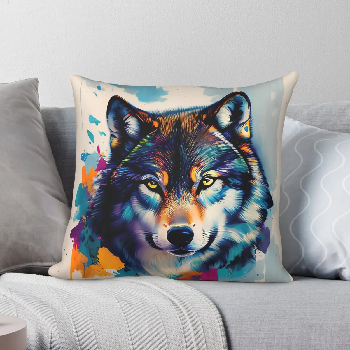 Quadratischer Kissenbezug mit Wolf-Aquarell-Motiv, Polyester-Leinen-Samt-Muster, Reißverschluss-Dekor, Bettkissenbezug