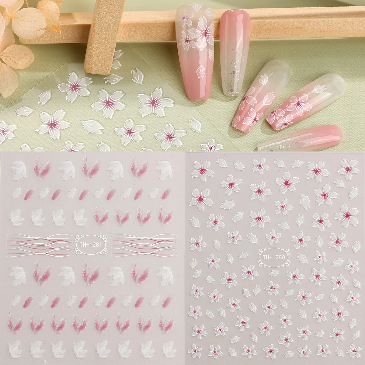 2pcs Spring Sakura Flowers Nail Stickers Pink White Cherry Blossom Floral Charm Nail Art Decals Sliders Manicure Decoration