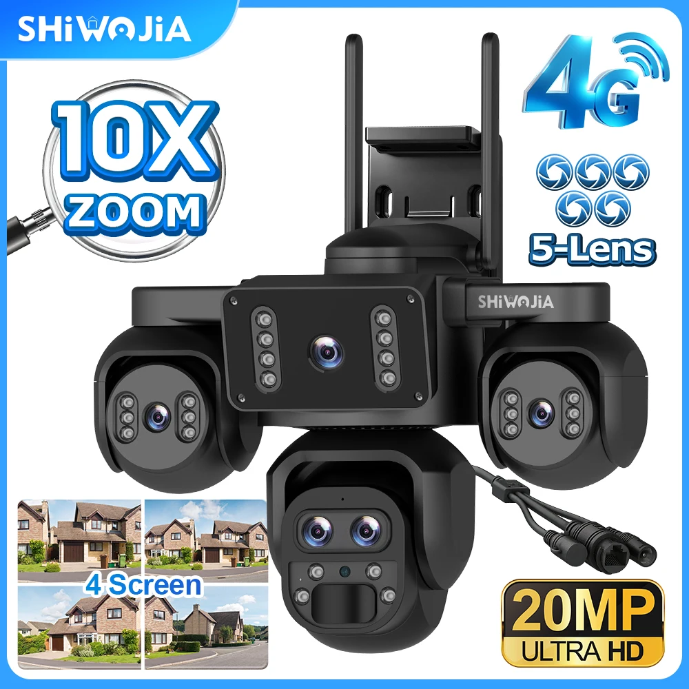 SHIWOJIA 20MP 10X zoom Camera WIFI Outdoor 5 Lens 4-screen AI Human Detect Waterproof Night Vision CCTV Security Protection