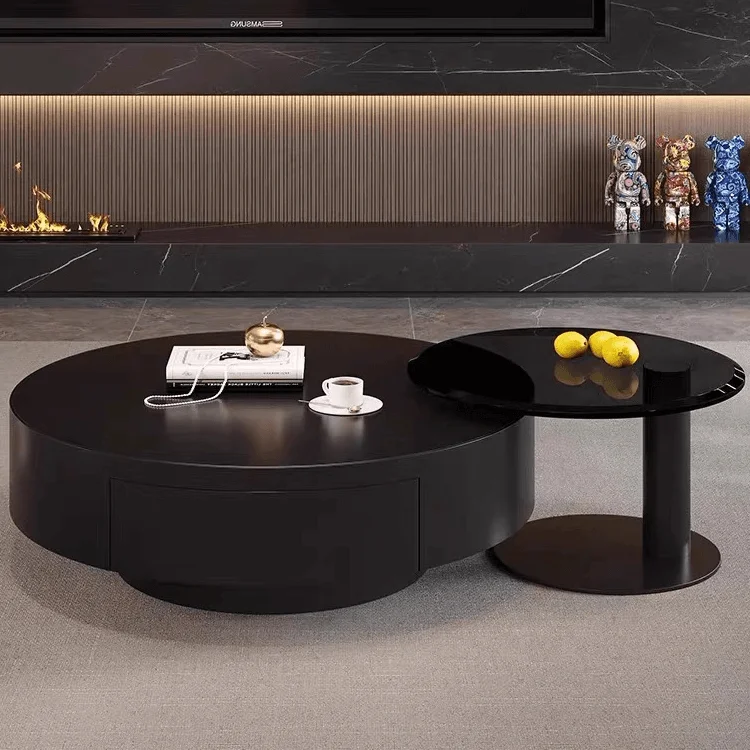 

Luxury high-end Italian minimalist round pure black coffee table combination stainless steel