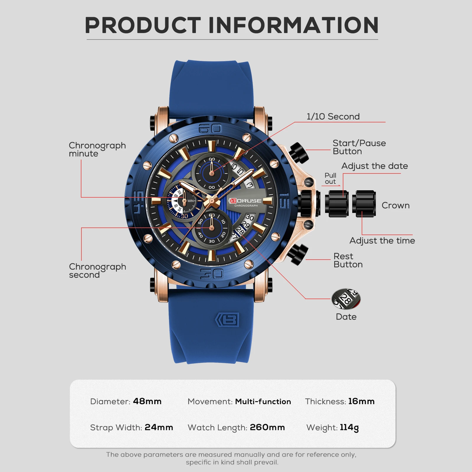 BORUSE Blue Business Watches for Men Chronograph Silicone Quartz Wristwatch Man Wrist Watches Male Sports Waterproof Watch