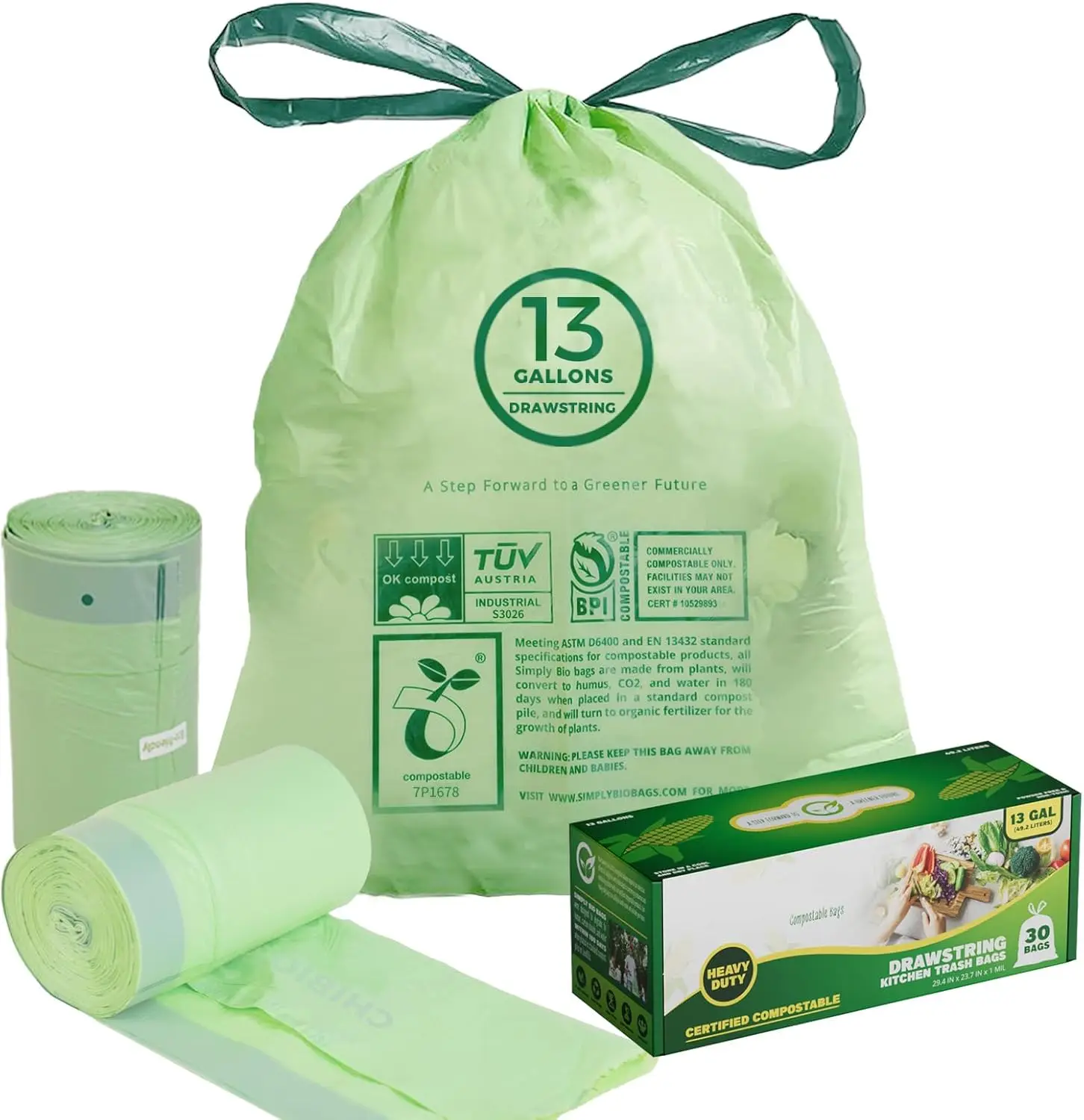 

13 Gallon Compostable Trash Bags with Drawstring, Heavy Duty 1 Mil Thick, 30 Count for Kitchen Food Scrap