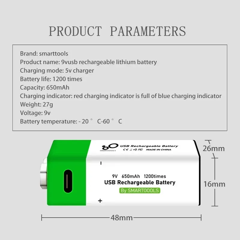 9V Li-ion Rechargeable Battery USB Type-C Charging 650mAh for Multimeter Microphone Metal Detector Remote Control Toys