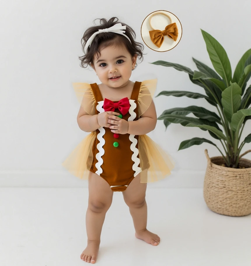 لطيف طفلة عيد الميلاد 2 قطعة ملابس الزنجبيل رجل تحلق كم رومبير فستان القوس عقال مجموعة #2