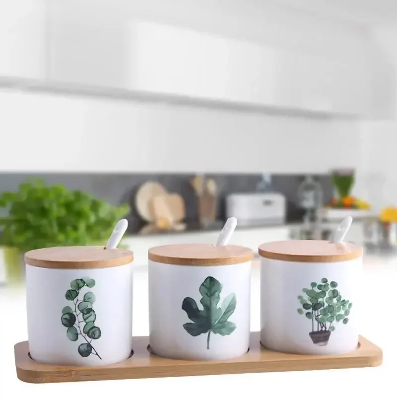 

3PCS/Set Ceramic Seasoning Bottle Set Nordic Innovative Home Green Planting Spice Box Kitchen Supplies