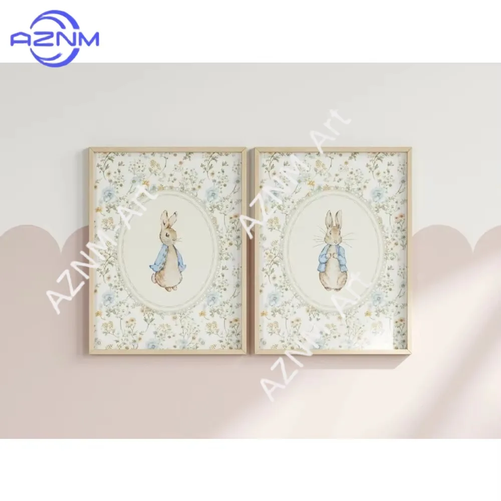 1/2Pcs Frameless Rabbit Nursery Decoration,Retro Peter Rabbit Print,Unisex Nursery Art, Beatrix Potter Print, Art