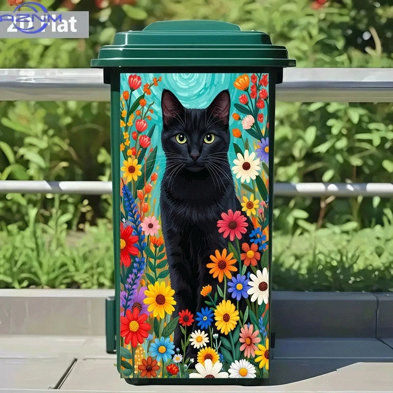 [2D Flat Printing]1pc Trash Can Sticker[Title Translated, Do Not Change] Black Cat in Flower Bush Staring Theme Design Wall St