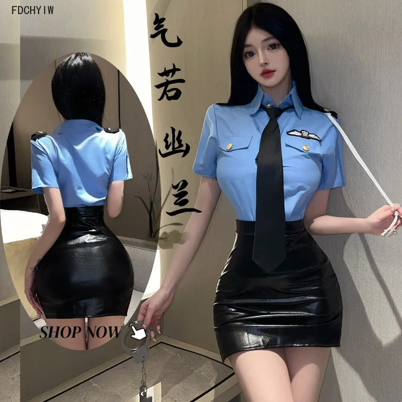 

Sexy Policewoman Cosplay Instructor Top Leather Skirt Temptation Passion Stewardess Costumes Roleplay Nightclub Women's Lingerie