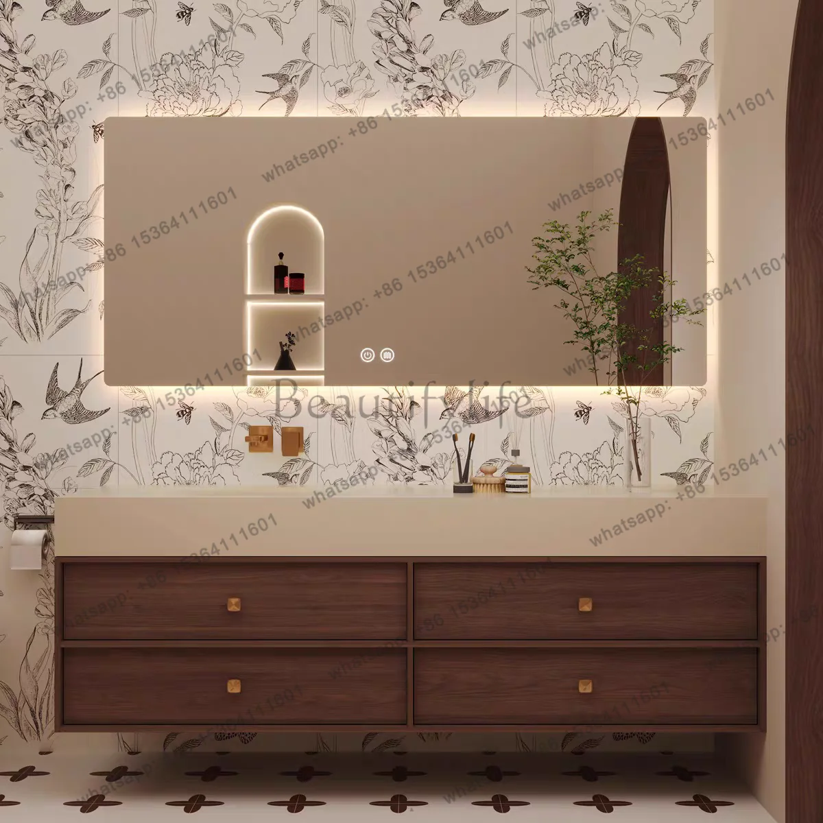 Medieval oak bathroom cabinet rock slab hot bending integrated basin combination 2025 new customization