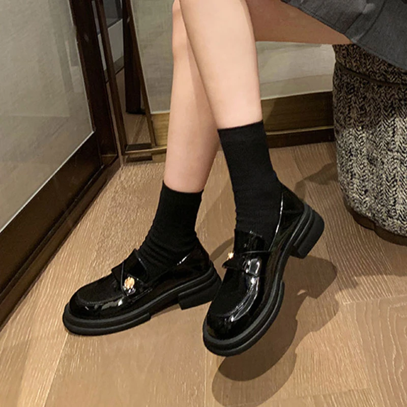 Womens Derby Shoes Female Footwear Autumn British Style Loafers With Fur Slip-on All-Match Clogs Platform Leather Dress Fall Sum