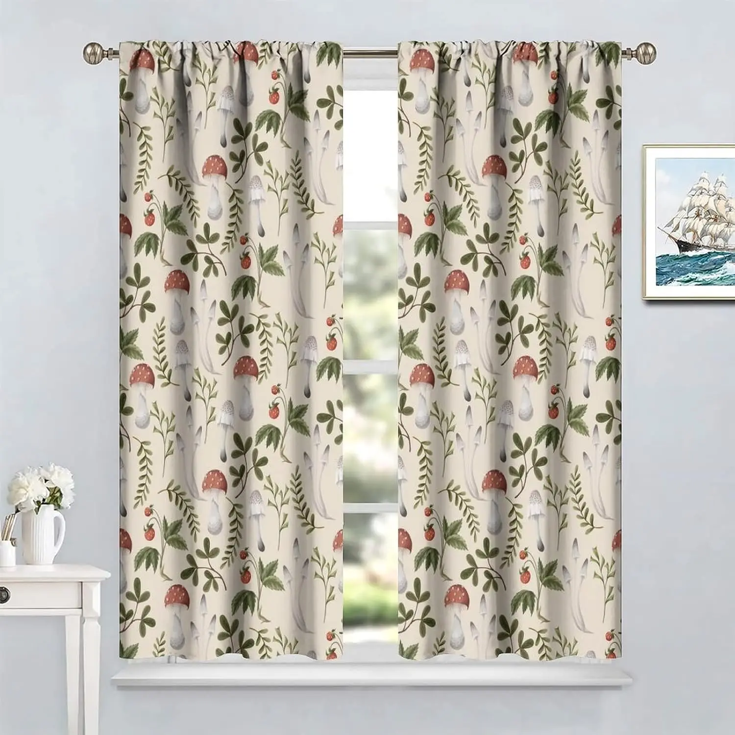 Watercolor Red Toadstool Curtain 2 Panels Color Block Fly Agaric Green Leaf Wild Berry Print Vintage Cottage Style Bedroom Home