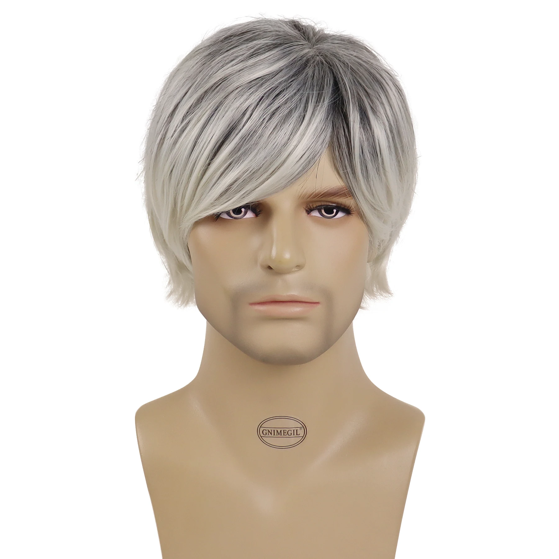 GNIMEGIL الاصطناعية أومبير رمادي الرجال حلاقة قصيرة مستقيم الذكور الباروكات مع الجانب فراق الانفجارات تأثيري السلس الطبيعي مقاومة للحرارة
