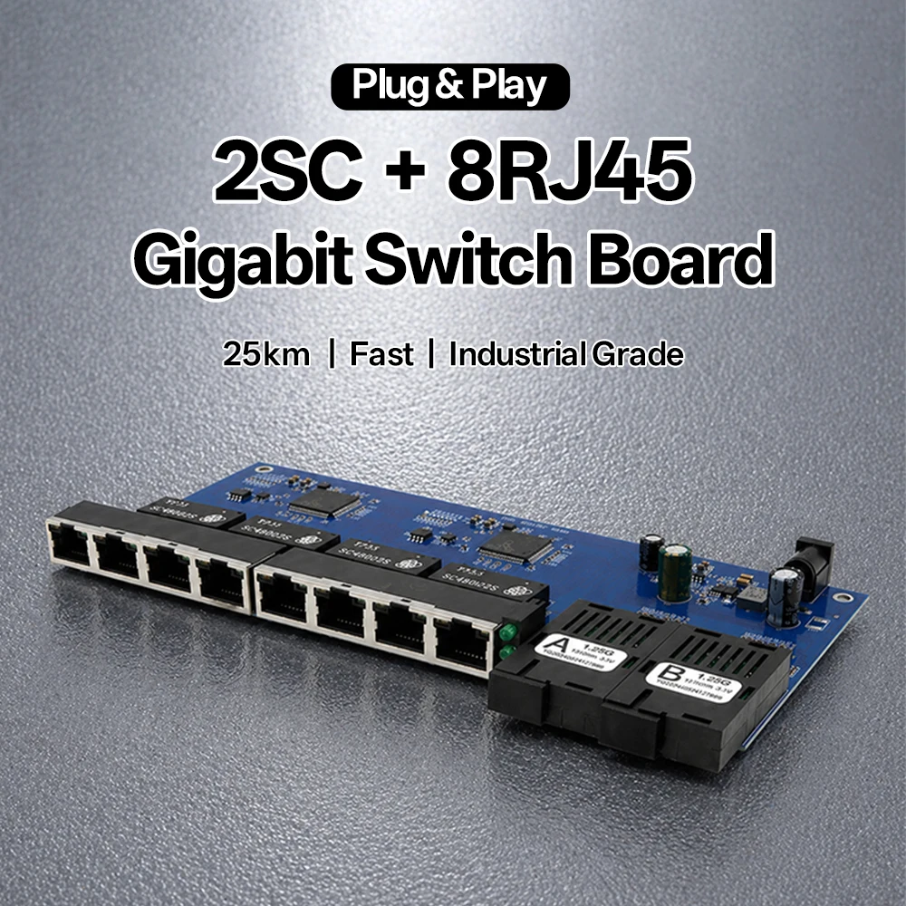 

BYXGD 2F8E Gigabit Fiber Switch Board 2SC 8RJ45 Multi Port Media Converter 10/100/1000Mbps BIDI PCBA 3km for CCTV NVR Automation