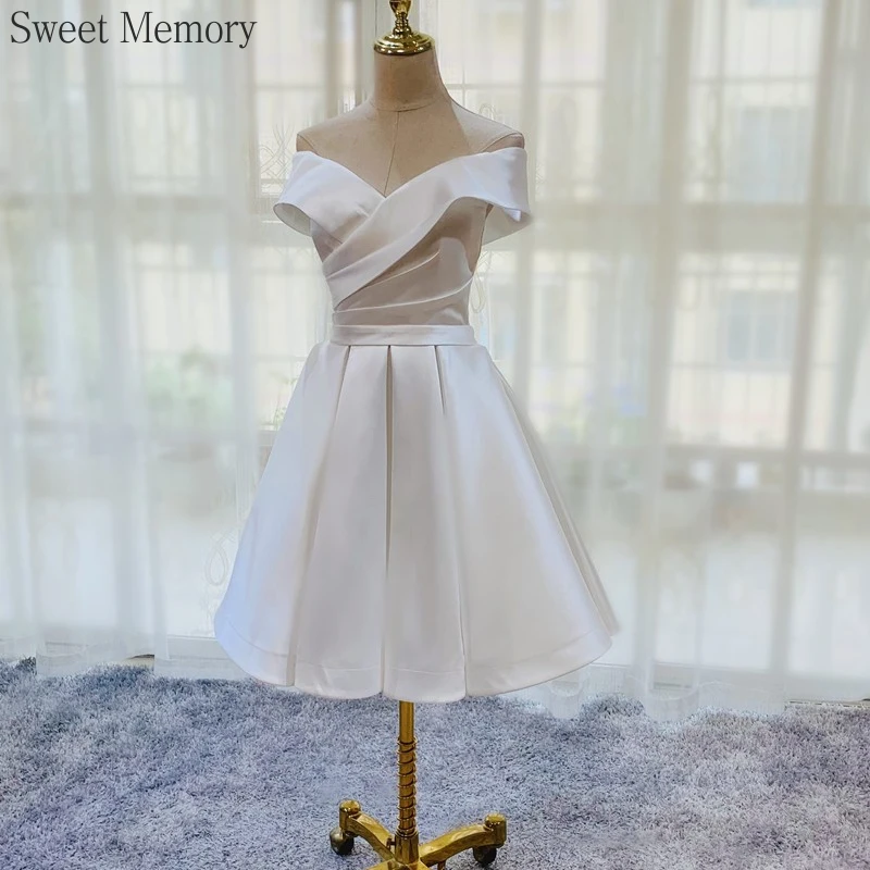 A4144 Customized White Satin Wedding Dress Sweet Memory Birthday Gown Prom Robe Off The Shoulder Short Bespoke Occasion Dress