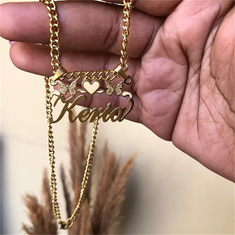 Customized Name Necklace for Women Personalized Name Necklace Love Butterfly Removable Pendant Stainless Steel Jewelry Gifts