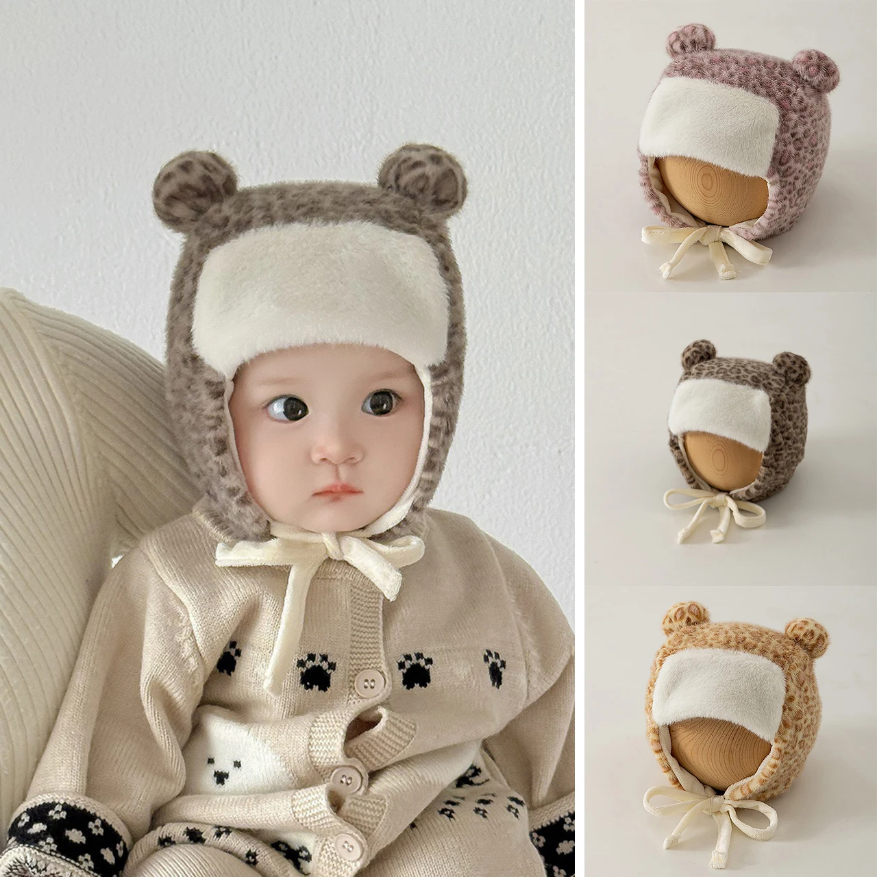 

Leopard Print Bomber Hat for Kids Plush Ear Protection Cap 3-18Month Newborn Windproof Warm Earmuffs Cap Winter Children Beanies