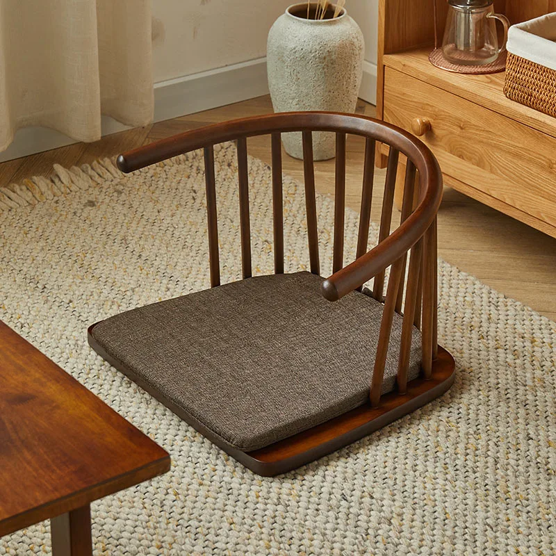 Solid Wood Japanese-Style Floor Chair, Ergonomic Armrest Lounger, Sturdy Movable Seat, Tatami Home Decor for Balcony