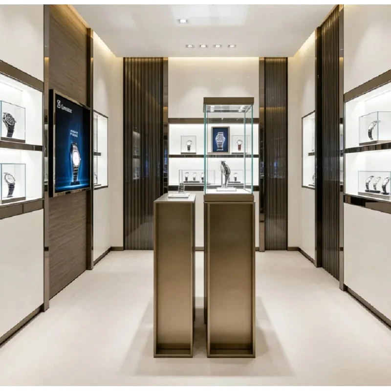 custom.Luxury Watch Display Cabinet LED Lighting Custom Bronze Glass Jewelry Retail Stores | Durable Easy Clean Full Set