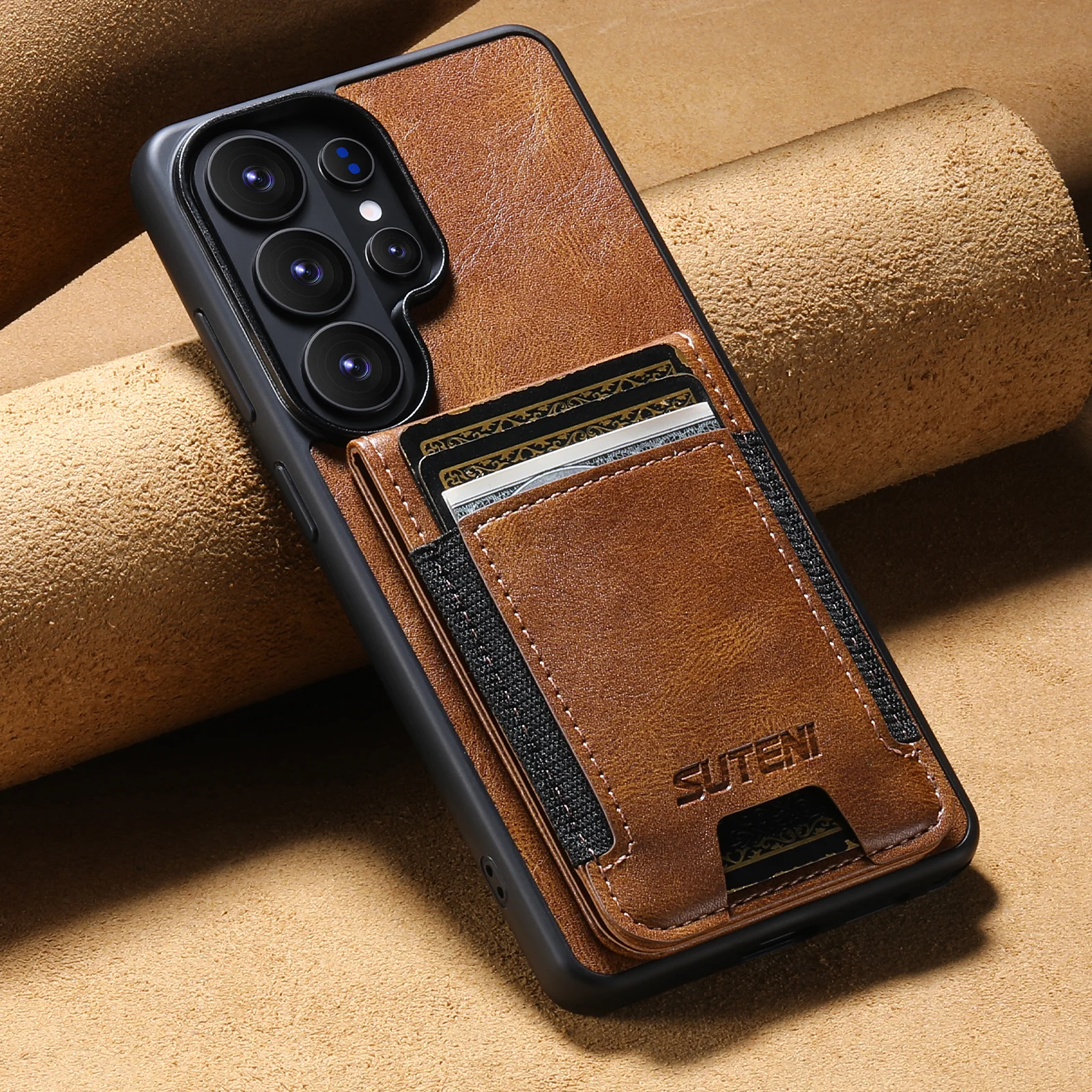SUTENI Kartenhalter-Handyhülle, luxuriöser Kunstleder-Ständer für Samsung Galaxy S26 Ultra S25 Plus S24 S23