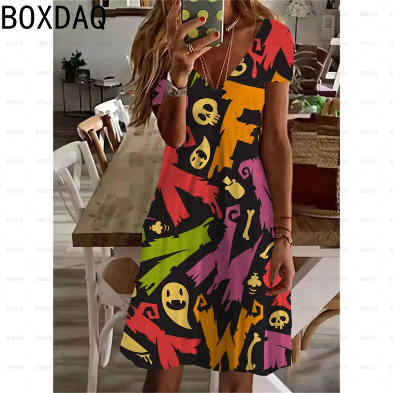 2025 New Women Dress Summer Big Size Short Sleeve V-Neck Printed A-Line Dress 3D Letter Colorful Graffiti Personalized Dresses