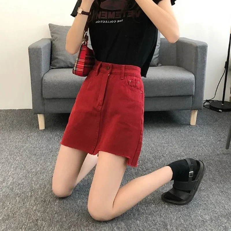 

Юбки женские летние джинсовые однотонные с высокой талией трапециевидной формы в корейском стиле универсальные ретро повседневные дышащие нерегулярные уличные шикарные юбки