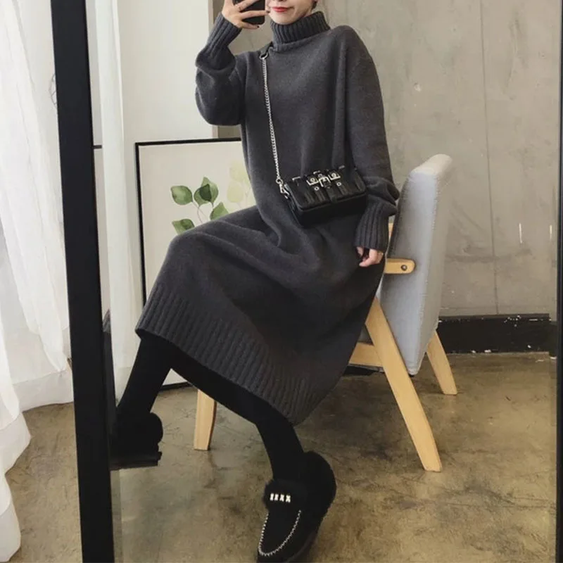 

Korean Thicken Bottoming Sweater Dress Women Turtleneck Midi Knitted Autumn Winter Lazy Wind Loose Comfortable Casual Dresses