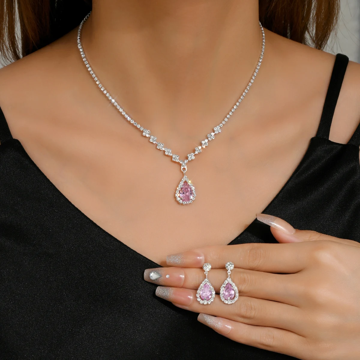 3PC Women\'s Fashion Trend Copper Claw Chain Series Water Drop Necklace Earrings Jewelry Set Wedding Banquet Party Holiday Gift