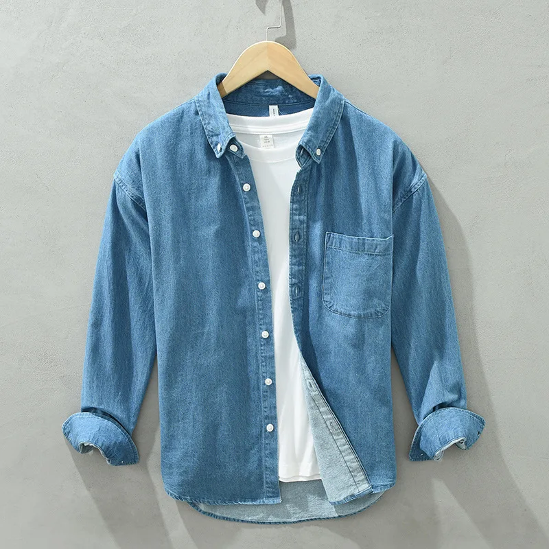 Classic Long Sleeve Denim Shirt Men Causal Loose Cowboy Shirts Cotton Lapel Washed Light Blue Jean Shirt Japan Vintage Clothes